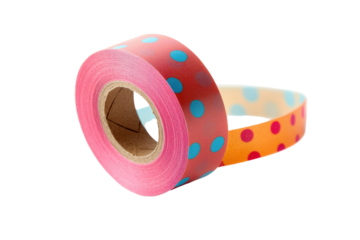 Rolls of colorful polka dot ribbon stacked isolated on transparent background. Polka dot washi tape roll isolated on white background.