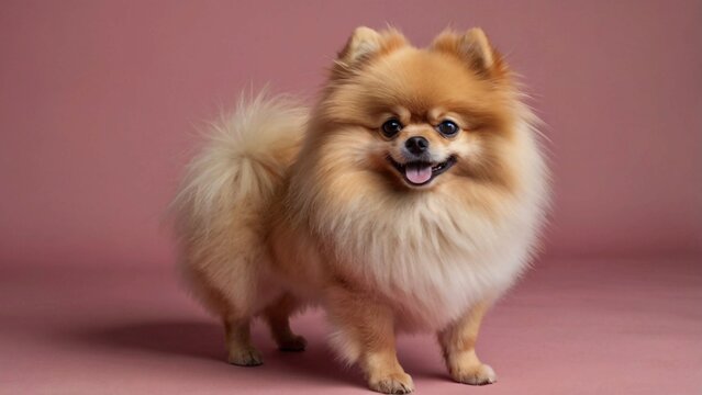 A full-length Pomeranian Spitz dog on a pink plain background with space for text for a pet product advertisement