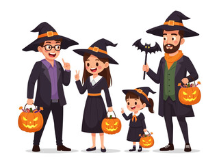 Spooky Family Halloween Gathering: A vibrant illustration capturing a family's festive joy as they embrace the enchanting spirit of Halloween. With whimsical costumes and glowing jack-o'-lanterns.