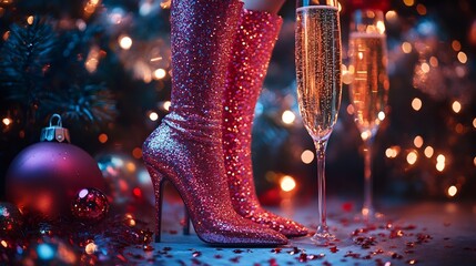 New Year party card with glamorous heeled boots champagne glasses confetti and festive lighting showcasing chic footwear for a night out