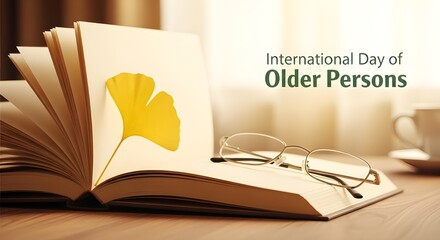 Cherish wisdom and experience with an open book, golden leaf, and glasses symbolizing International Day of Older Persons