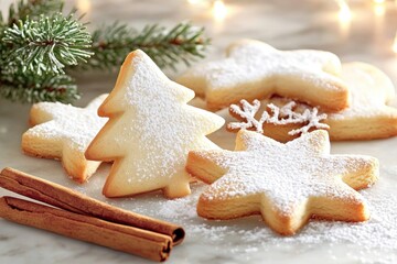 Festive holiday cookies with powdered sugar and cinnamon on marble background