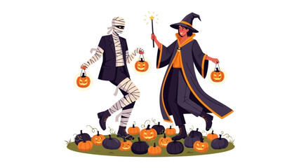 Halloween's Magical Gathering: In a vibrant scene, two figures, a mummy and a witch, engage in a whimsical Halloween dance, surrounded by an array of pumpkins and illuminated by a magic wand.