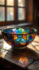 Colorful mosaic bowl near a window
