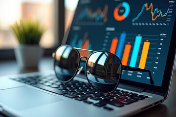 Close-Up Photo of Laptop Screen Displaying Vibrant KPI Dashboard with Reflective Surface of Pair Visible