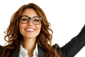 Smiling woman with glasses and curly hair isolated on transparent background. Portrait of a beautiful and smiling businesswoman in a wearing suit and glasses isolated on white background.