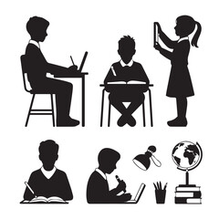 Set of Student Silhouettes Studying with School Supplies and Technology