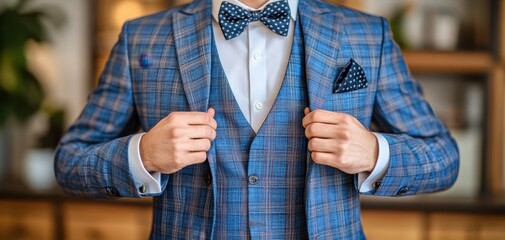 A man in a blue suit and blue bow tie is getting ready to go out. He is adjusting his jacket, making sure it fits properly and looks neat. The suit is plaid