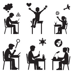 Set of Student Silhouettes Studying with School Supplies and Technology