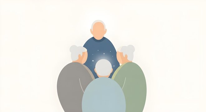 Inspiring elder sharing wisdom with a supportive group, radiating warmth and connection in a serene, minimalist style