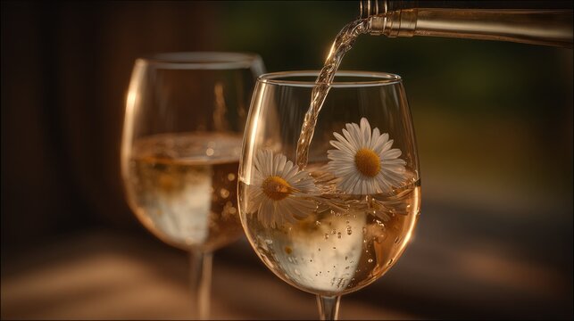 Two wine glasses with flowers in them are being poured