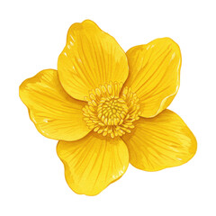 Watercolor marsh marigold blossom with detailed petal veins and textured center isolated on white background