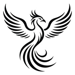 Tribal style black phoenix rising with flaming wings and flowing tail feathers