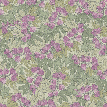 Seamless repeating pattern imitates an intricate tapestry showcasing nature's beauty with picturesque fig branches with large leaves and ripe fruits in rich, earthy color palettes with Layered details