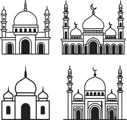 Line art illustration set of Islamic mosques with minarets, domes, and crescent moons in outline style.