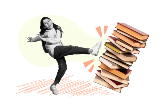 Vertical composite collage image picture of girl kick big pile stack book isolated on creative background
