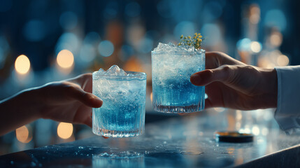 Cheers to blue cocktails at the bar with friends and good times