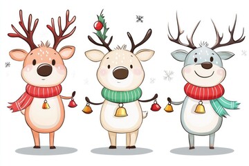 Fototapeta premium Festive cartoon reindeer trio with holiday antlers and accessories
