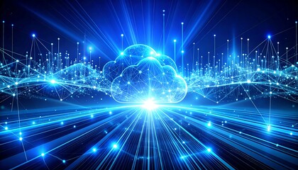 Glowing Digital Cloud with Network Connections and Data Streams on a Futuristic Blue Background