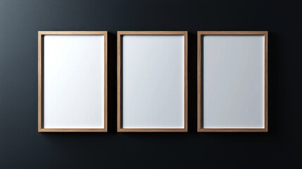 Three rectangular picture frames with blank white spaces are mounted on a dark wall.