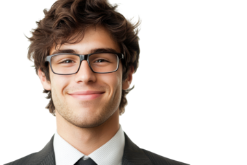 Young man with glasses and suit smiling isolated on transparent background. Portrait of a handsome and smiling businessman wearing glasses isolated on white background.