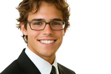 Young businessman smiling wearing glasses and suit isolated on transparent background. Portrait of a handsome and smiling businessman wearing glasses isolated on white background.