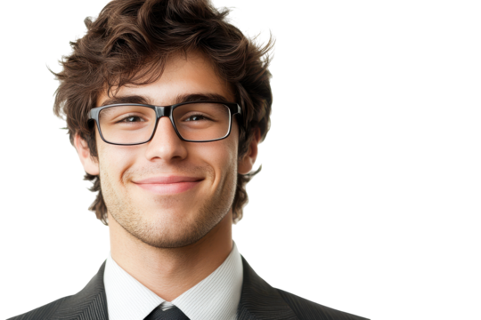 Young man with glasses and suit smiling isolated on transparent background. Portrait of a handsome and smiling businessman wearing glasses isolated on white background.