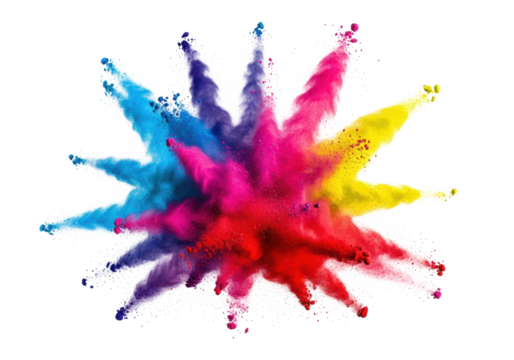 Vibrant explosion of multi-colored powder, blue, purple, pink, red, yellow pigments bursting outwards with fine particles on an transparent background, dynamic abstract concept