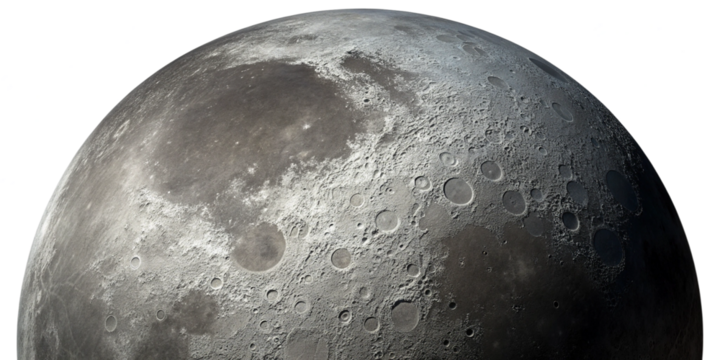 Highly Detailed Realistic Moon Close-Up with Craters and Shadows on Transparent Background
Astronomical Telescope View of the Moon – Textured Lunar Surface Isolated on Transparent Background