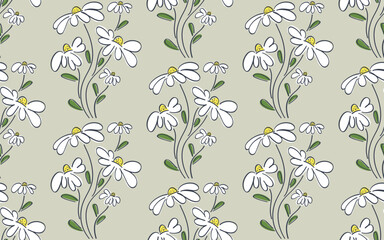 Abstract bouquets of daisies on a light green background. Seamless pattern with floral icons in pastel shades and black outlines. Set of white daisies. Summer print