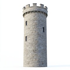 Stone Tower with Round Structure and Turret on Top in White Background