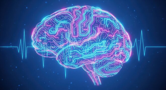 A glowing neon brain network on a simple blue background.