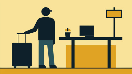 Traveler Checking In at Hotel Reception Desk with Suitcase Illustration