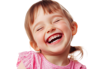 Joyful young girl laughing with eyes closed isolated on transparent background. Portrait of a happy kid smiling and laughing isolated on white background.