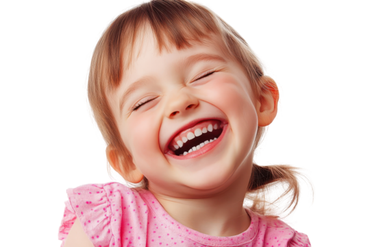 Joyful young girl laughing with eyes closed isolated on transparent background. Portrait of a happy kid smiling and laughing isolated on white background.