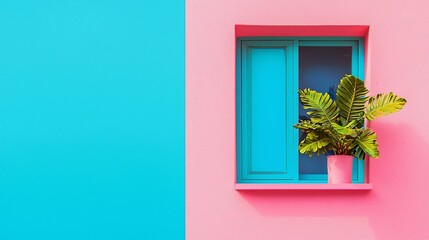 Colorful wall with window and houseplant