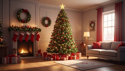 un árbol de Navidad en un salón hogareño decorado con espíritu navideño. El árbol es frondoso, iluminado con luces cálidas y adornado con bolas rojas, doradas y plateadas.