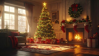 Fototapeta premium un árbol de Navidad en un salón hogareño decorado con espíritu navideño. El árbol es frondoso, iluminado con luces cálidas y adornado con bolas rojas, doradas y plateadas.