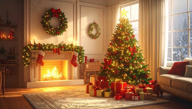 un &aacute;rbol de Navidad en un sal&oacute;n hogare&ntilde;o decorado con esp&iacute;ritu navide&ntilde;o. El &aacute;rbol es frondoso, iluminado con luces c&aacute;lidas y adornado con bolas rojas, doradas y plateadas.