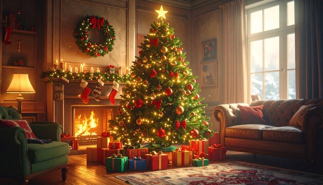 un &aacute;rbol de Navidad en un sal&oacute;n hogare&ntilde;o decorado con esp&iacute;ritu navide&ntilde;o. El &aacute;rbol es frondoso, iluminado con luces c&aacute;lidas y adornado con bolas rojas, doradas y plateadas.