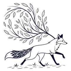 A stylized black and white illustration of a running fox with a flowing mane of tree branches and leaves extending from its back and tail
