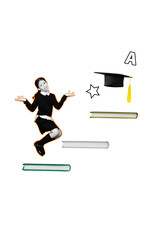 Collage 3d image retro sketch of funny girl stairs books school day shopping kids education concept magazine billboard comics zine minimal