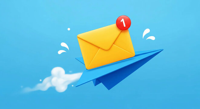 Fast Email Delivery Yellow Envelope Flying on Blue Paper Airplane with Notification Badge