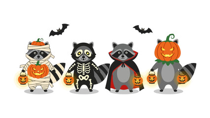 Obraz premium Halloween Raccons: A charming and festive illustration of four raccoons, each in a unique Halloween costume, complete with pumpkin lanterns and bats, brings a touch of spooky delight.