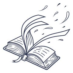 An open book with pages blowing in the wind and ink splatters emerging symbolizing creativity imagination and the power of stories