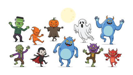 Spooky Specter Squad: A charming collection of colorful Halloween monster figures. Dancing happily in front of a yellow moon, creating a fun and festive feel. © Atiya