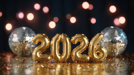 Golden 2026 balloon numbers with disco balls and festive lights, shiny party decoration for New Year celebration posters, greeting cards, and holiday marketing