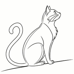 Elegant black and white line drawing of a graceful cat sitting attentively on a thin line looking upwards with curiosity and poise isolated on a clean white background