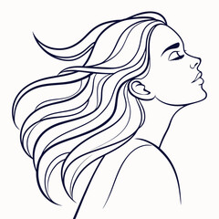 Elegant minimalist line art illustration of a woman s profile with flowing hair and closed eyes conveying serenity and beauty in a simple artistic style