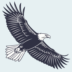 Majestic bald eagle in flight with wings spread wide against a pale blue background a symbol of freedom and power